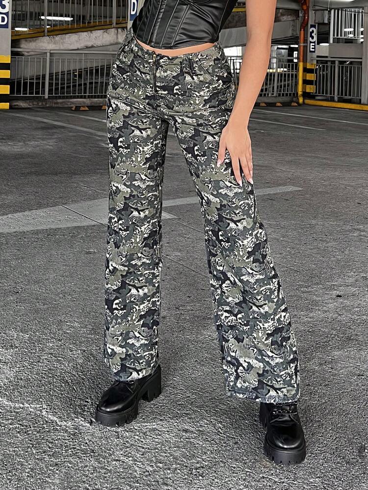 Camo Print Wide Leg Jeans