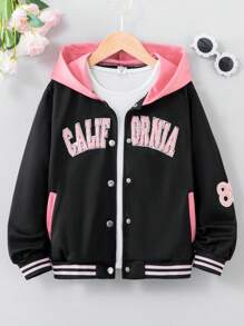 SHEIN Cô gái Tween Đồ họa Chữ cái Sọc trang trí áo có mũ Áo khoác Without Tee - màu đen - Xem 1