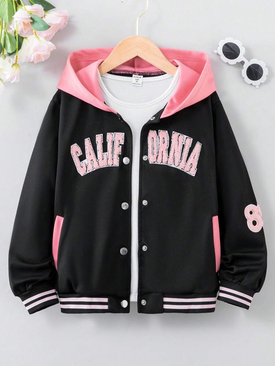 SHEIN Cô gái Tween Đồ họa Chữ cái Sọc trang trí áo có mũ Áo khoác Without Tee - màu đen - Xem 1