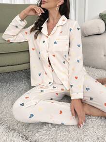 Heart Print Contrast Piping PJ Set / Pajama Set - Beige - View 6