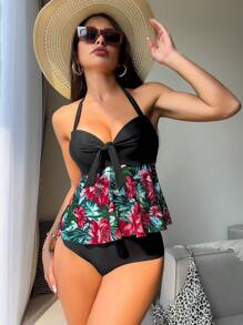 Tropical Print Ruffle Hem Tankini - Black - View 1