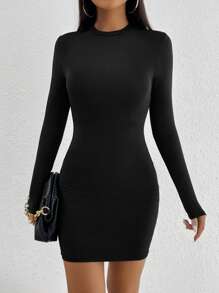 SHEIN PETITE Solid Mock Neck Bodycon Black Dress,Business Casual Woman - Black - View 5