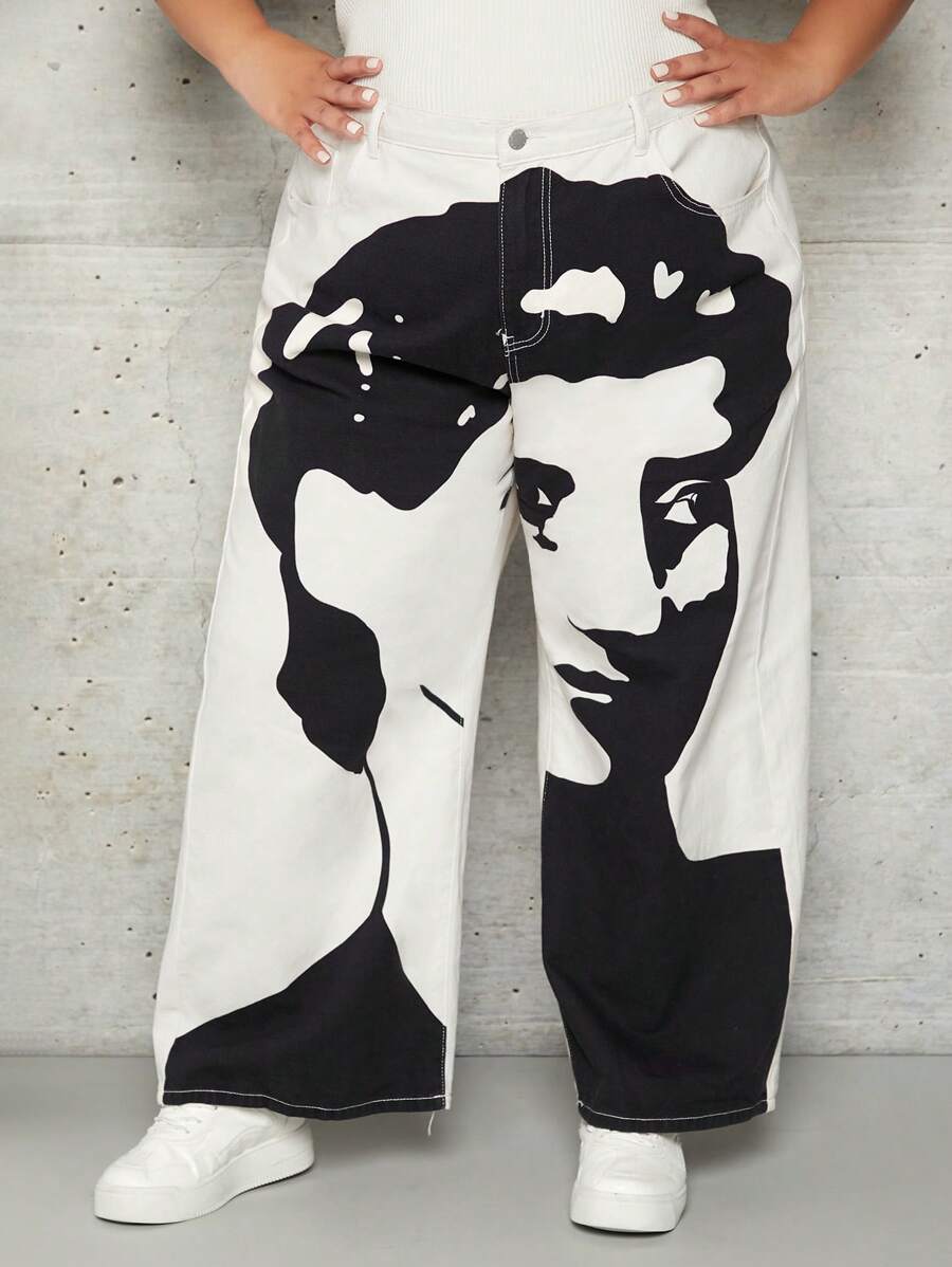SHEIN CURVE+ Plus Figure Graphic Wide Leg Jeans - Black and White - View 1