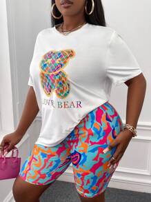 Slaydiva Áo thun họa tiết gấu & chữ Plus & quần short biker in toàn thân cho mùa hè - Nhiều màu - Xem 3