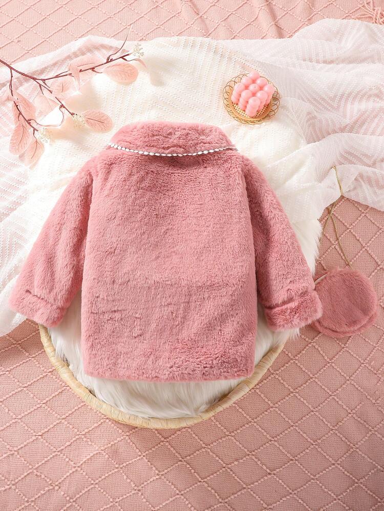 Baby Girl Dual Pocket Button Front Fuzzy Coat With Bag