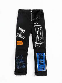 SHEIN Tween Boy Bear & Letter Graphic Jeans - Black - View 1