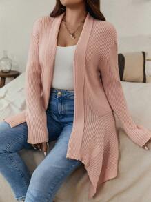 SHEIN LUNE Plus Ribbed Knit Duster Cardigan - Coral Pink - View 7