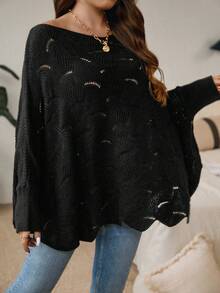 SHEIN LUNE Plus Pointelle Knit Batwing Sleeve Sweater - Black - View 5
