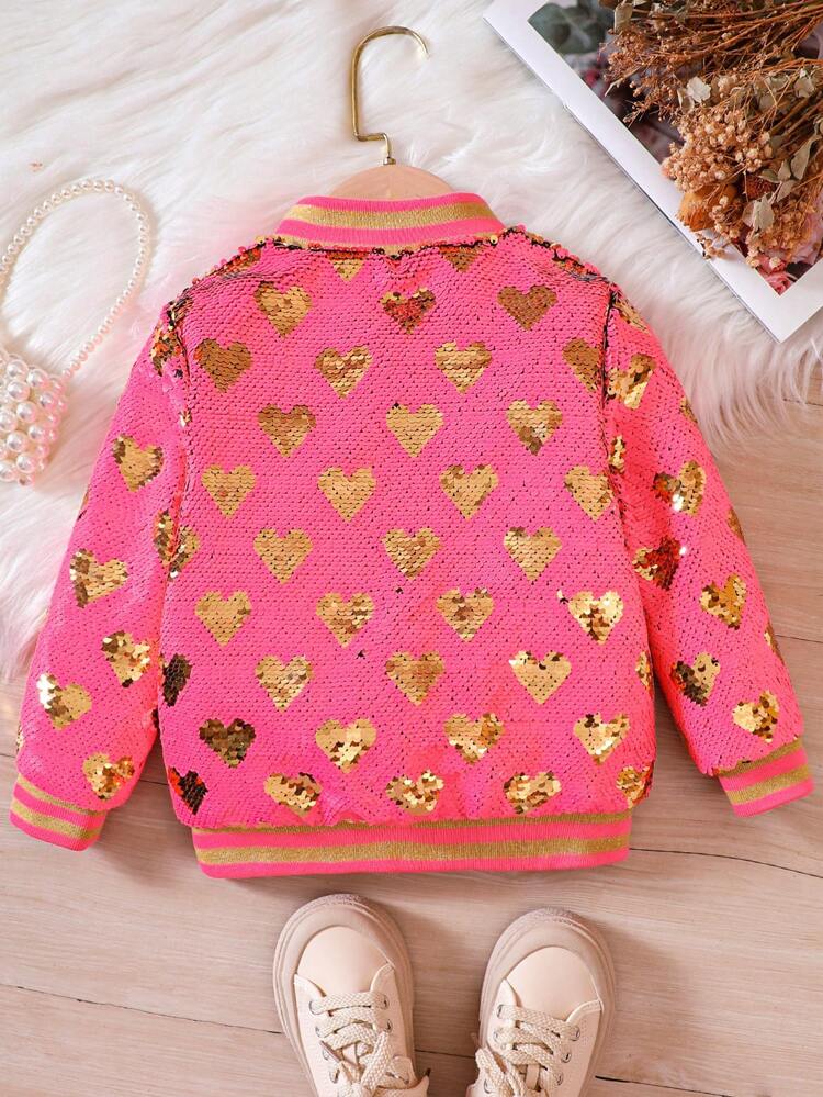 Young Girl Heart Sequin Zip Up Bomber Jacket