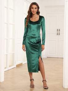 Jacquard Split Hem Velvet Dress - Green - View 3