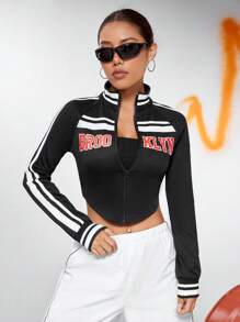 SHEIN EZwear Letter Graphic Striped Side Zip Up Crop Sweatshirt