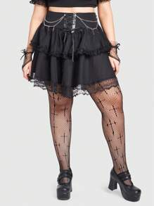 ROMWE Grunge Punk 大尺碼女士朋克風十字形金屬裝飾荷葉邊半身裙 - 黑色 - 查看 5