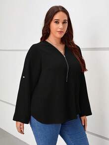 SHEIN LUNE Plus Half Zip Roll Tab Sleeve Blouse - Black - View 5