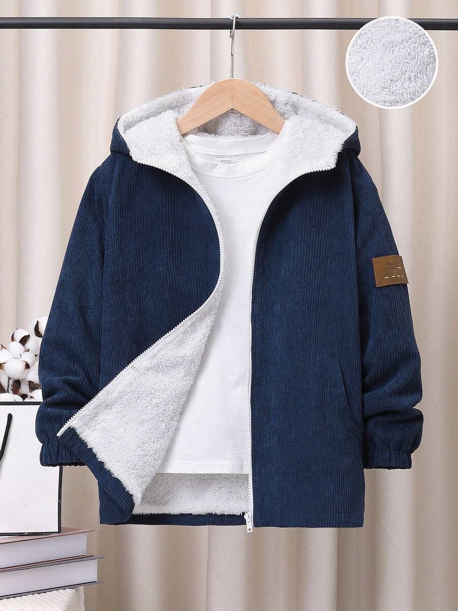 SHEIN Tween Boy Letter Patched Detail Teddy Lined Hooded Corduroy Coat Without Tee - Navy Blue - View 1