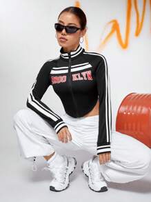 SHEIN EZwear Letter Graphic Striped Side Zip Up Crop Sweatshirt