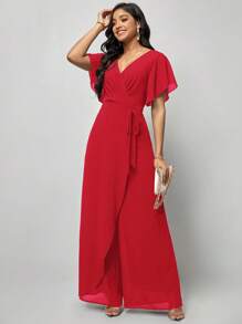 SHEIN Clasi 蝴蝶袖圍裹腰帶闊腿連體褲 - 紅色 - 查看 3