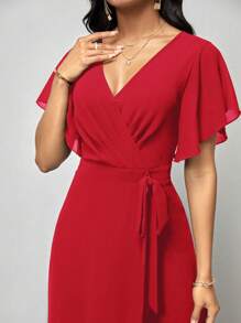 SHEIN Clasi 蝴蝶袖圍裹腰帶闊腿連體褲 - 紅色 - 查看 7