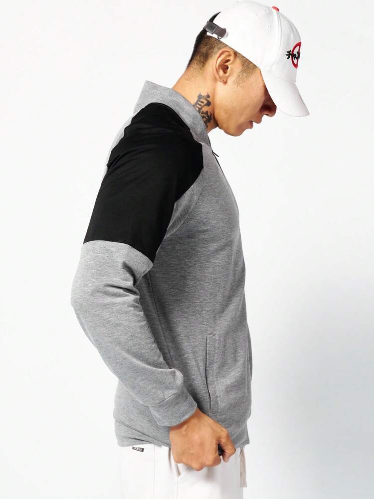 Men Colorblock Zip Up Raglan Sleeve Bomber Sports Jacket Workout Tops Grey Jacket Sports Jacket