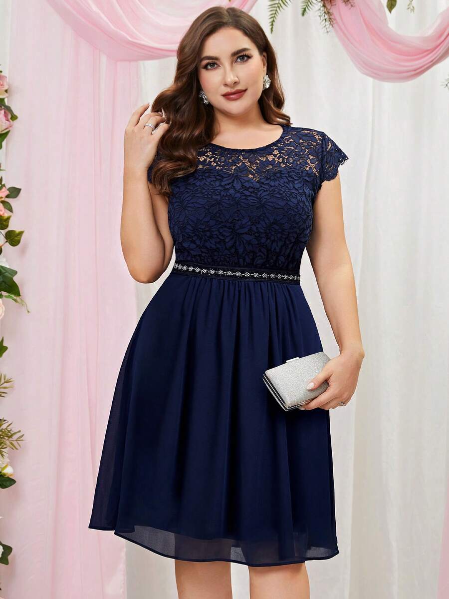 MIUSOL Plus Guipure Lace Insert A-Line Chiffon Cocktail Dress