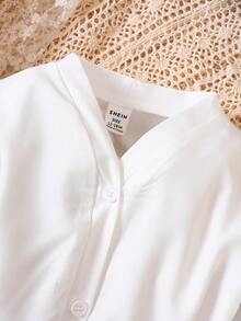 Đứa bé gái Nút phía trước Thắt lưng Tay áo lồng đèn Đầm - trắng - Xem 3