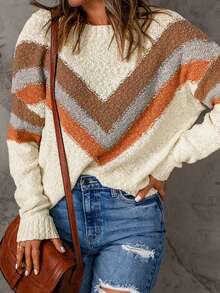 Chevron Pattern Drop Shoulder Sweater - Beige - View 3