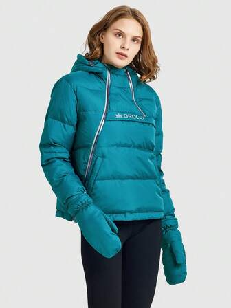 字母圖案口袋連帽羽絨服