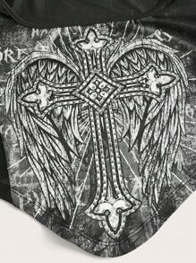 ROMWE PUNK 圖案印花鏤空不對稱下擺T恤 - 黑色 - 查看 4