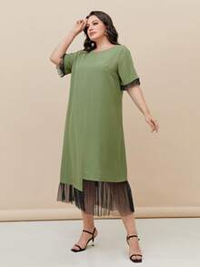 Mulvari Plus Contrast Mesh Hem Dress - Army Green - View 2