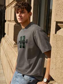 男士字母圖案T恤 - 深灰色 - 查看 5