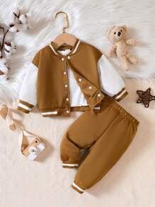 Baby Boy Colorblock Striped Trim Varsity Jacket & Sweatpants - Brown - View 1