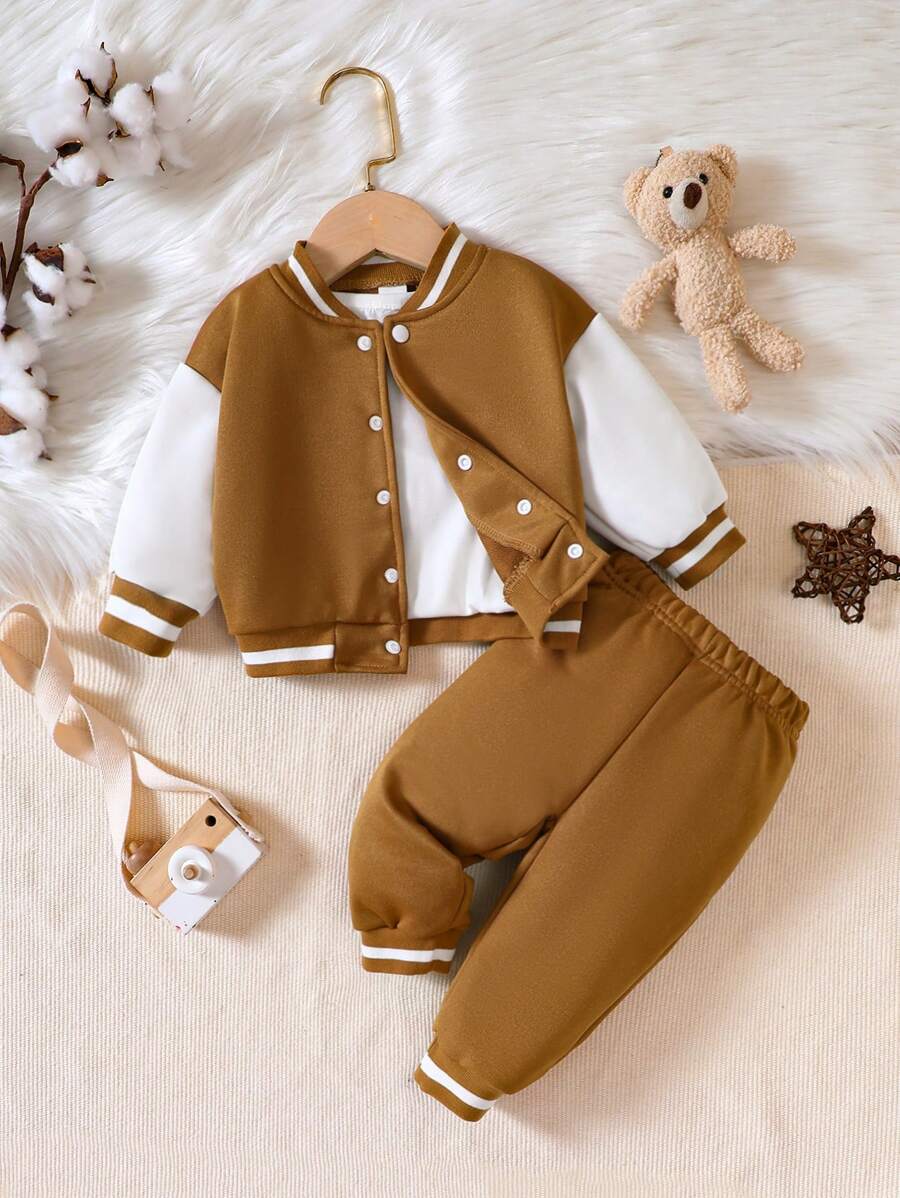 Baby Boy Colorblock Striped Trim Varsity Jacket & Sweatpants - Brown - View 1