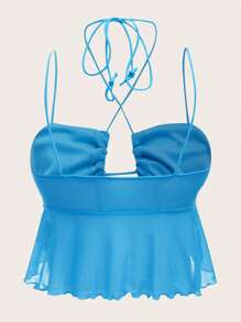 SHEIN ICON 性感木耳邊 褶邊 後系帶純色女士背心 - 薄荷藍 - 查看 2