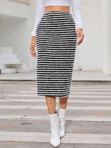 SHEIN Essnce 條紋印花直筒半身裙 - 黑與白 - 查看 1