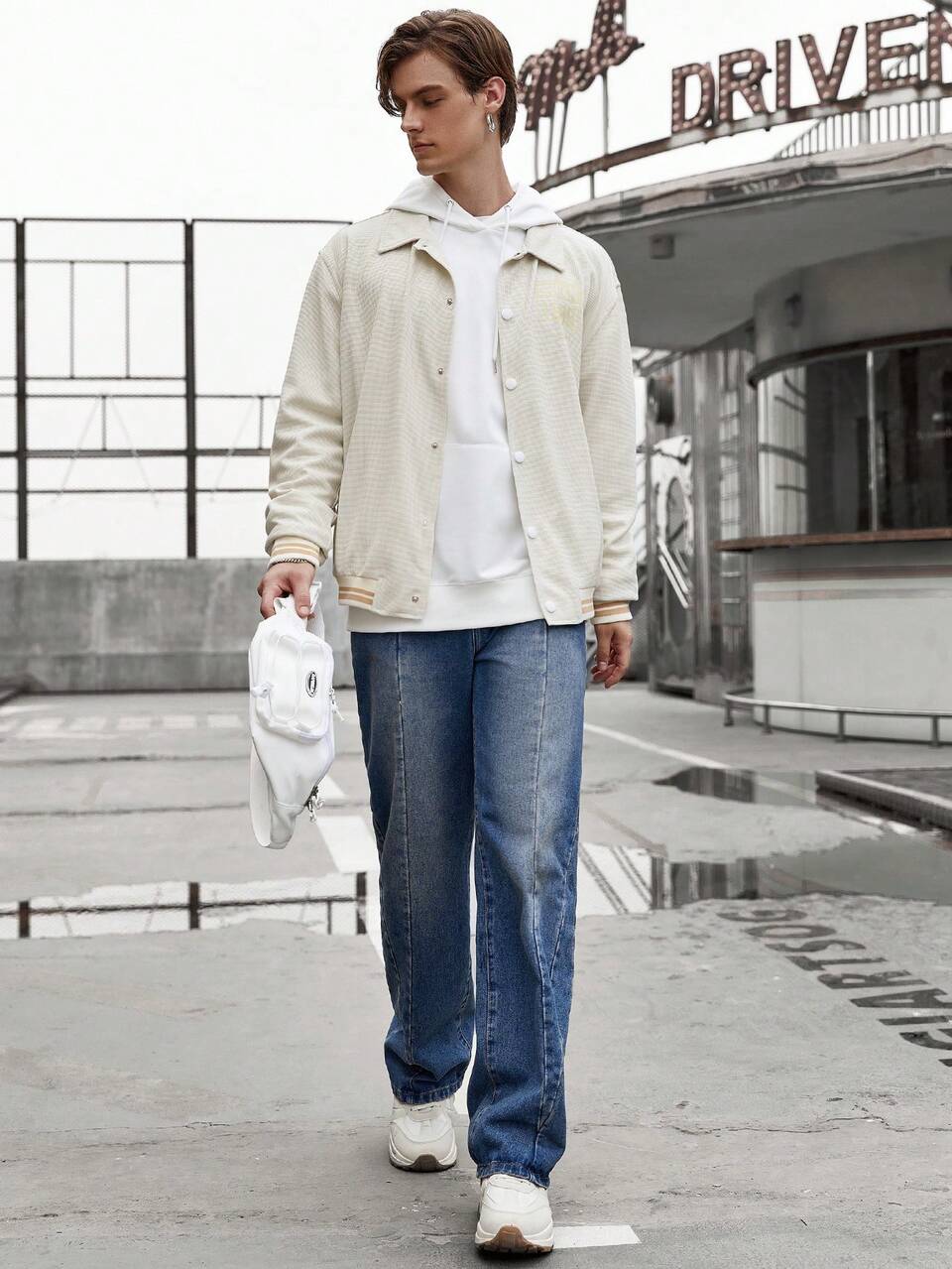 Men's Oversized Drop Shoulder Jacket With Letter Graphics And Striped Trim