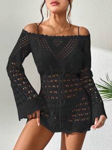 Hollow Out Drawstring Waist Off Shoulder Cover Up Dress Without Bikini Set Mini Short Women Outfit Fall Cloth For Women - Black - View 4