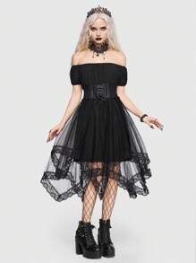 ROMWE Goth Off Shoulder Mesh Overlay Dress Without Corset - Black - View 1