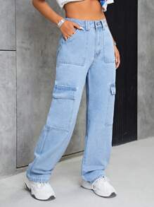 SHEIN PETITE Flap Pocket Straight Leg Jeans - Light Wash - View 3