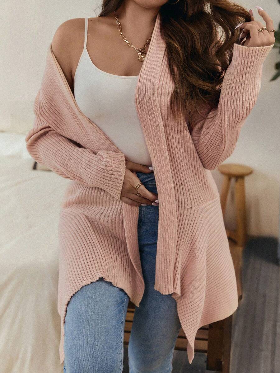 SHEIN LUNE Plus Ribbed Knit Duster Cardigan - Coral Pink - View 1