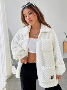 SHEIN EZwear Thư được vá Thả vai Áo khoác Teddy - trắng - Xem 5