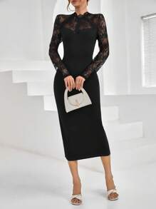 SHEIN Privé Contrast Lace Mock Neck Bodycon Dress - Black - View 5