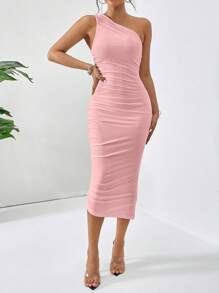 Firerie One Shoulder Ruched Bodycon Dress - Baby Pink - View 3
