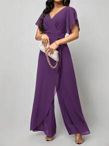 SHEIN Clasi Butterfly Sleeve Wrap Belted Jumpsuit