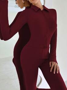 SHEIN Unity Zip Up Ribbed Knit Jacket & Leggings - Burgundy - View 4