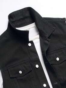 Manfinity Homme Men Plus Floral & Letter Graphic Denim Jacket Without Tee - Black - View 3
