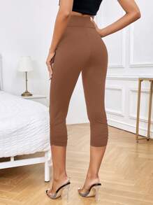 SHEIN Essnce Solid Wideband Waist Capris Leggings - Brown - View 2