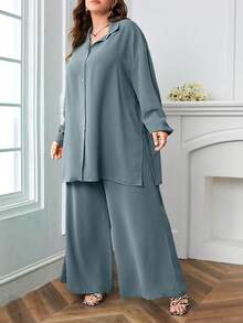 SHEIN LUNE Hơn Thả vai Áo sơ mi & Quần ống rộng - Màu xanh bụi bặm - Xem 4