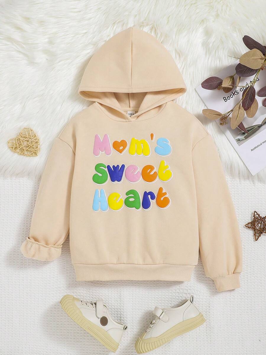 SHEIN Tween Girl Slogan Graphic Hooded Sweatshirt - Apricot - View 1