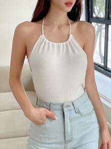 DAZY Áo len cổ yếm hở lưng màu trơn thu đông - trắng - Xem 5