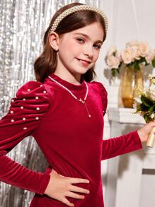 SHEIN Váy tay bồng đính ngọc trai dự tiệc Giáng sinh cho bé gái có viền lông nhân tạo - Đỏ - Xem 7