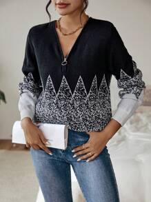 SHEIN Clasi Mẫu Geo Một nửa khóa kéo Áo len - Nhiều màu - Xem 3